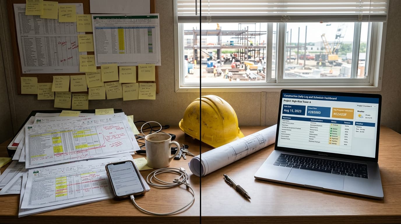 Jobsite trailer desk comparing messy spreadsheet printouts and email threads with a clean construction daily log dashboard on a laptop