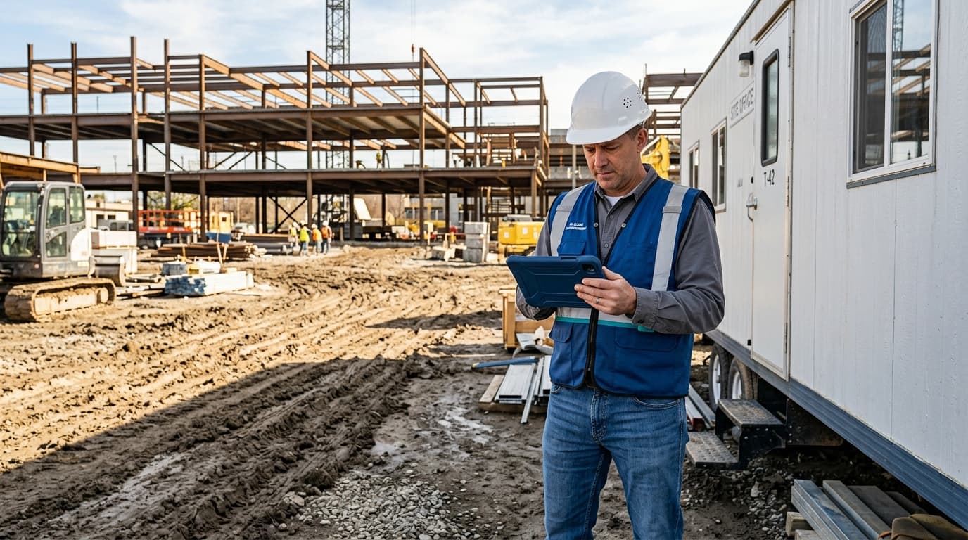 Superintendent on a commercial jobsite capturing a same-day daily log on a tablet after an owner field directive for extra work