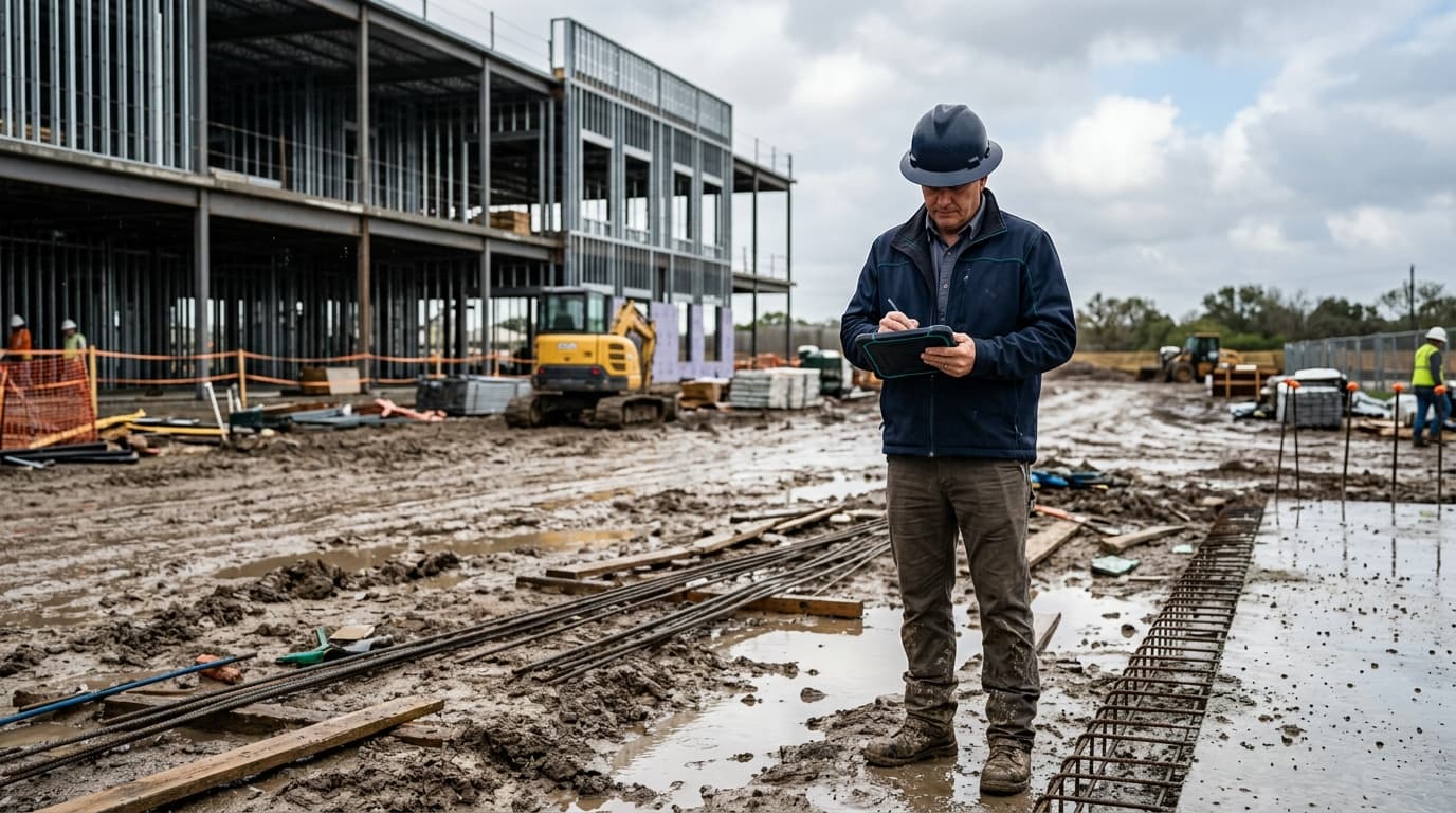 Superintendent documenting standing water and muddy grade on a tablet after overnight rain on a commercial construction jobsite