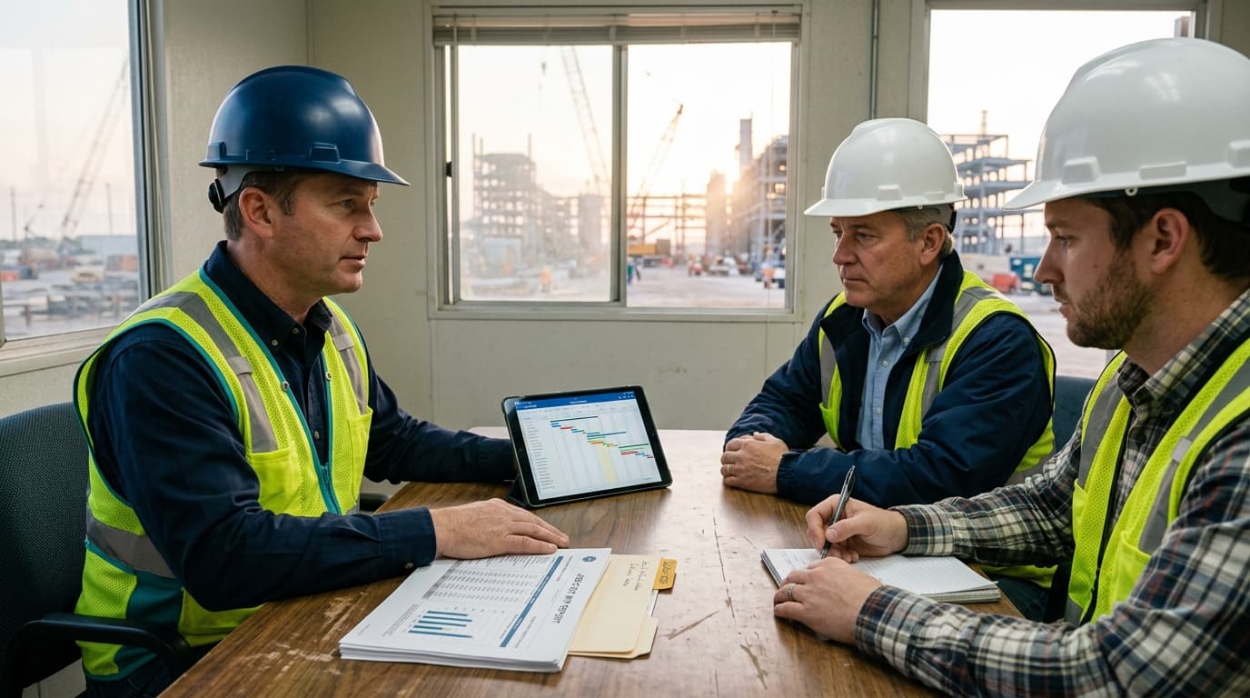 Small contractor presenting a tablet schedule and WIP report to large GC project managers beside an industrial Louisiana construction site