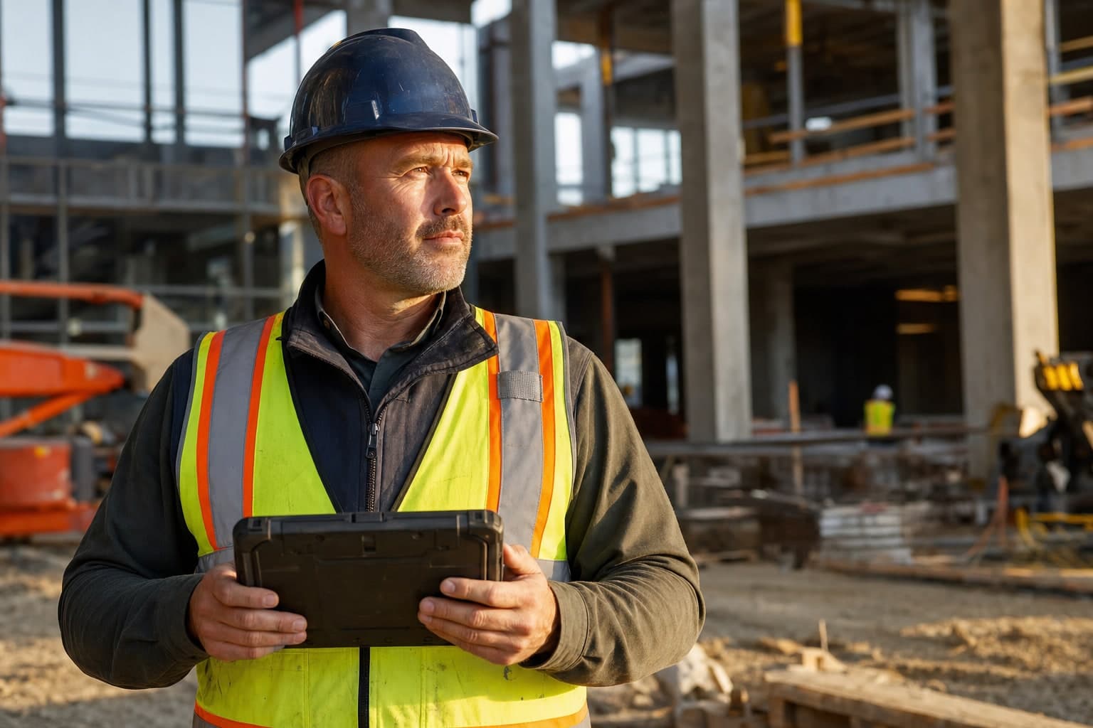 Commercial construction superintendent reviewing a rugged tablet on an active jobsite at golden hour