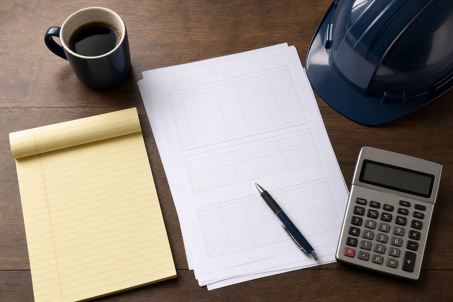 Contractor payroll workspace with hard hat, calculator, and blank certified payroll forms on a wood desk