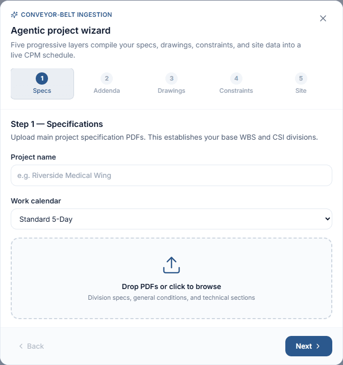 Agentic project wizard Step 1 Specifications: project name, work calendar, and PDF drop zone for division specs Agentic project wizard Step 1 Specifications: project name, work calendar, and PDF drop zone for division specs