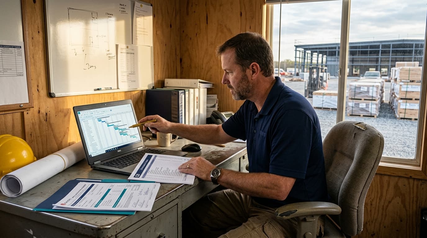 General contractor in a jobsite office reviewing a Gantt schedule beside a CSI schedule of values and payment application packet General contractor in a jobsite office reviewing a Gantt schedule beside a CSI schedule of values and payment application packet