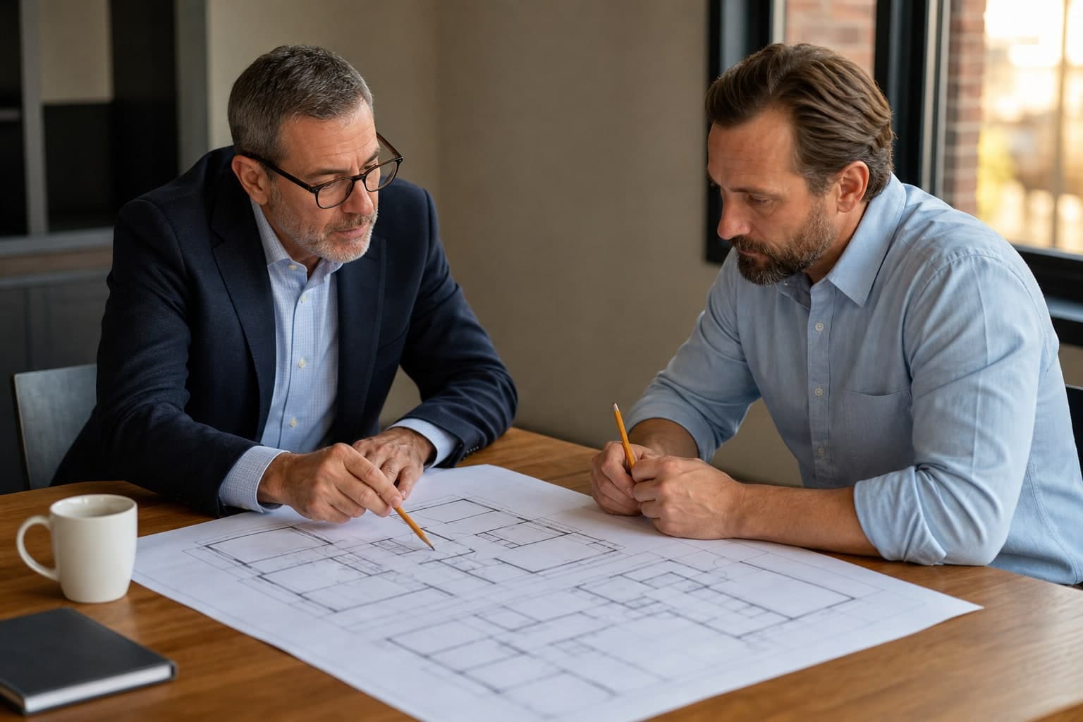 Job-aware construction bookkeeping planning session Construction consultant and contractor reviewing architectural blueprints during a bookkeeping planning meeting