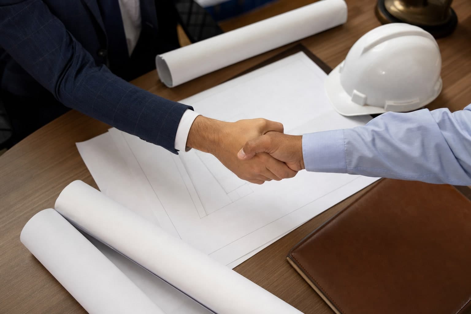 Contractor funding partnership over business plan and blueprints Professional handshake over construction blueprints and a hard hat during a contractor funding meeting