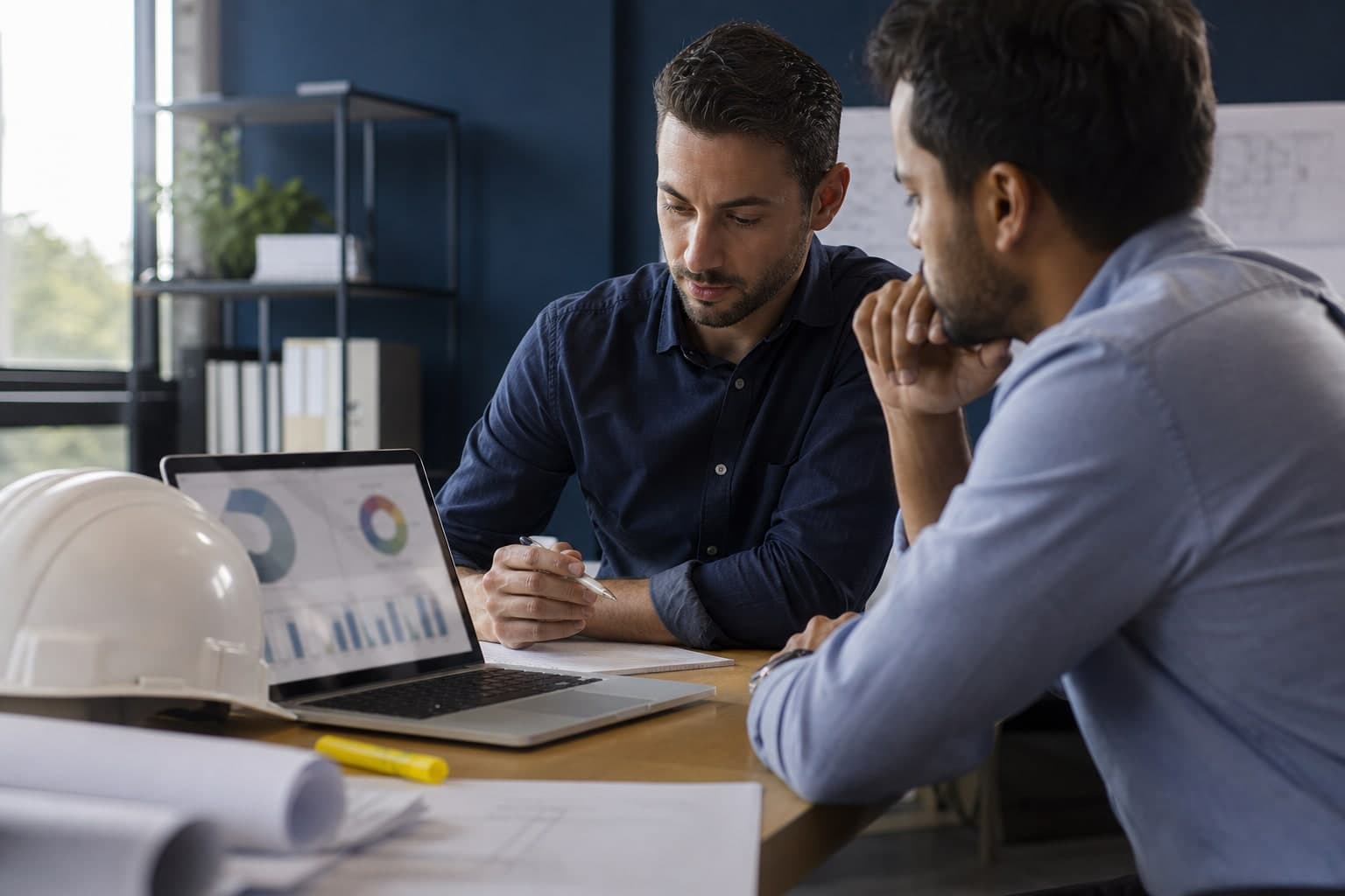 Construction business services playbook and operations planning Construction operations consultants reviewing project analytics with blueprints and a hard hat on the desk