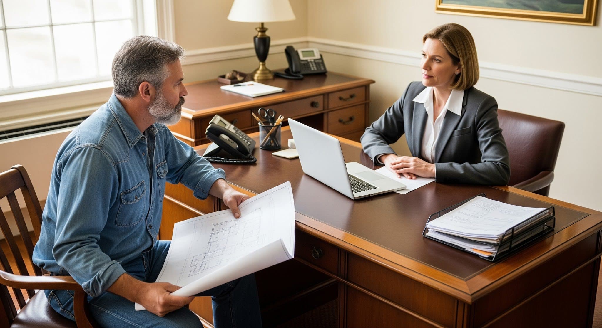 Contractor comparing cash purchase versus equipment financing options on a laptop