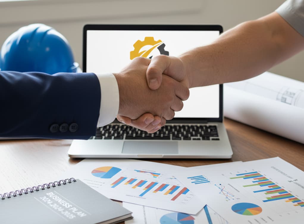 Contractor and advisor reviewing business plan financial projections on a desk