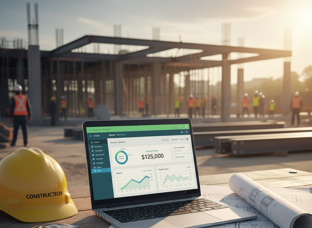 Contractor using a laptop on a jobsite trailer desk to track job costs and cash flow