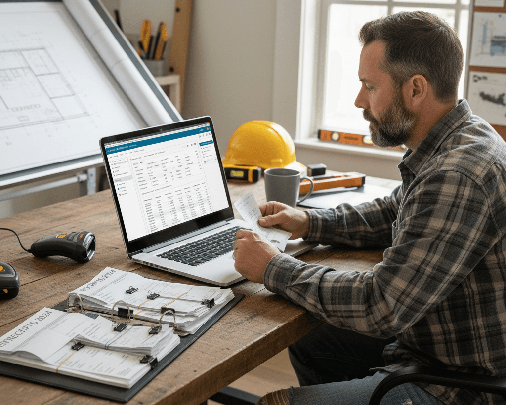 Contractor organizing financial systems and cash flow tracking on a laptop