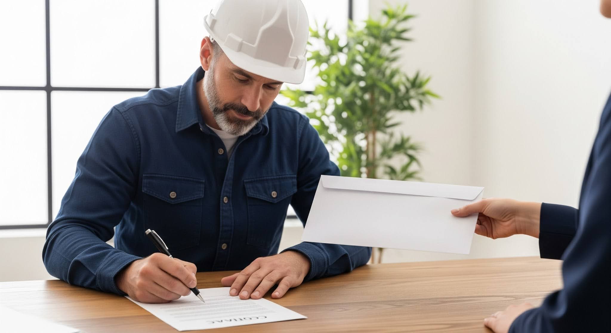 Construction project manager reviewing lien waiver and subcontractor payment checklist