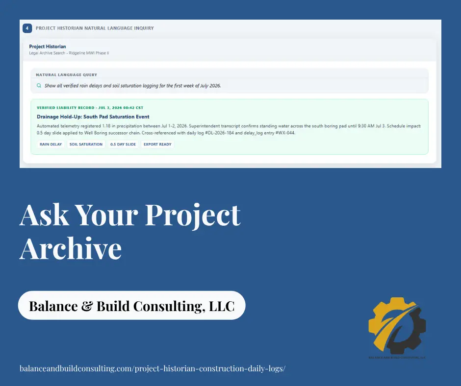 Commercial GC searching Project Historian for a rain delay entry across sealed daily logs