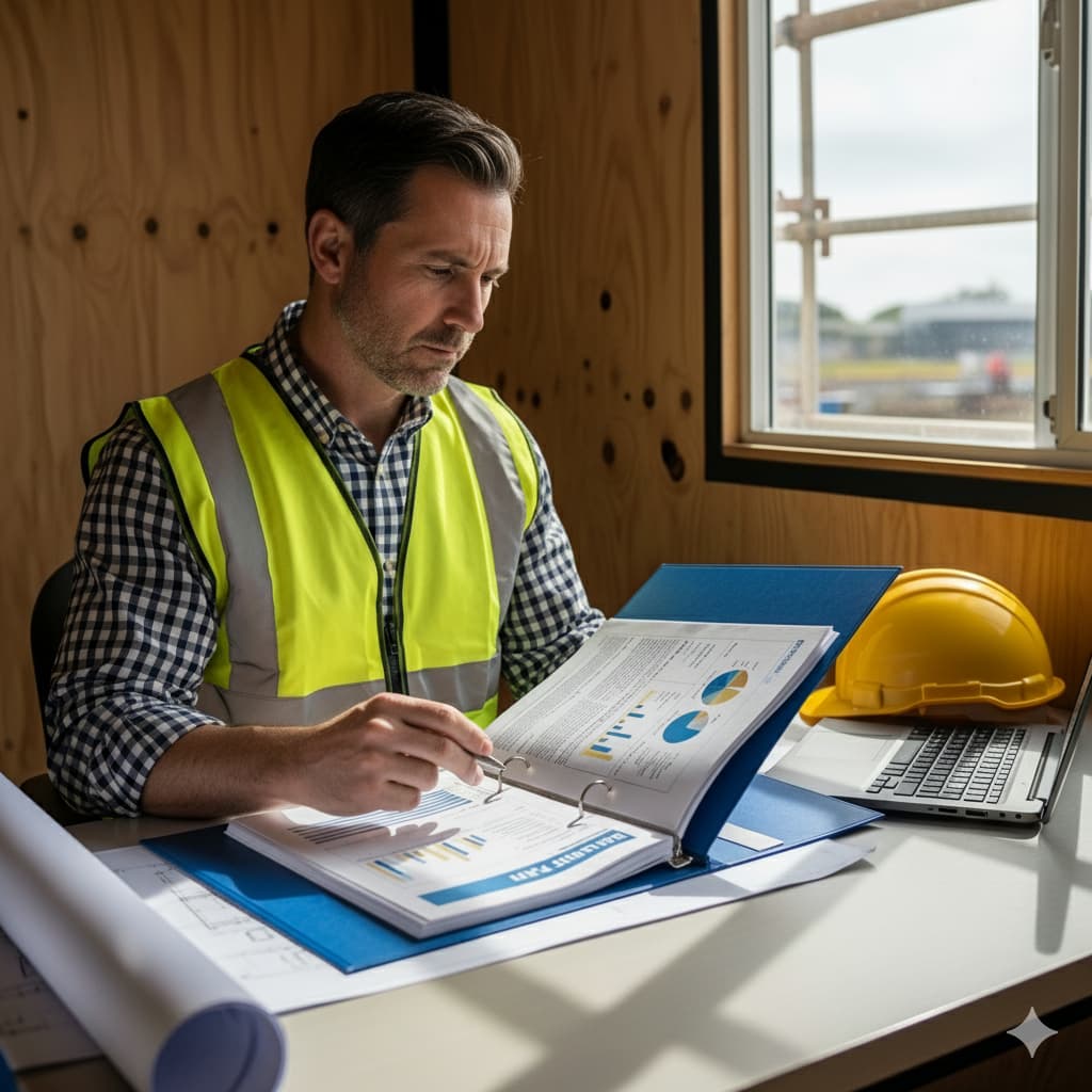 Contractor reviewing a strategic business plan roadmap on a laptop in a project office