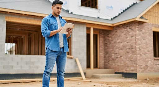 Contractor reviewing plans on a tablet on a commercial jobsite