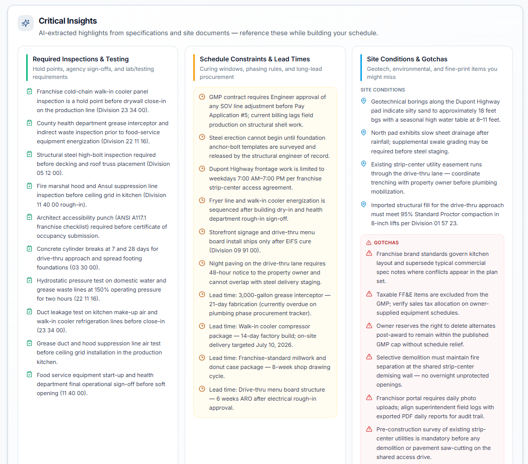 Critical insights and counsel-ready construction liability trails BalanceBuild Pro critical insights panel highlighting delay risk and liability signals