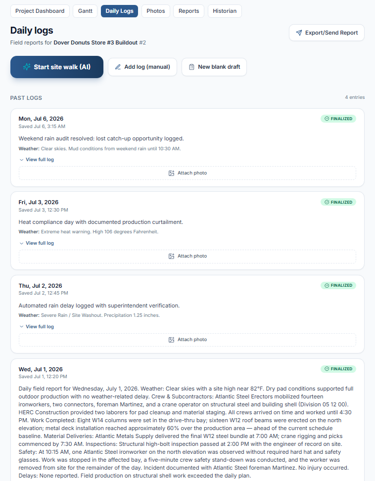 Construction daily log dashboard for field accountability BalanceBuild Pro daily log dashboard with sealed field summaries and schedule health