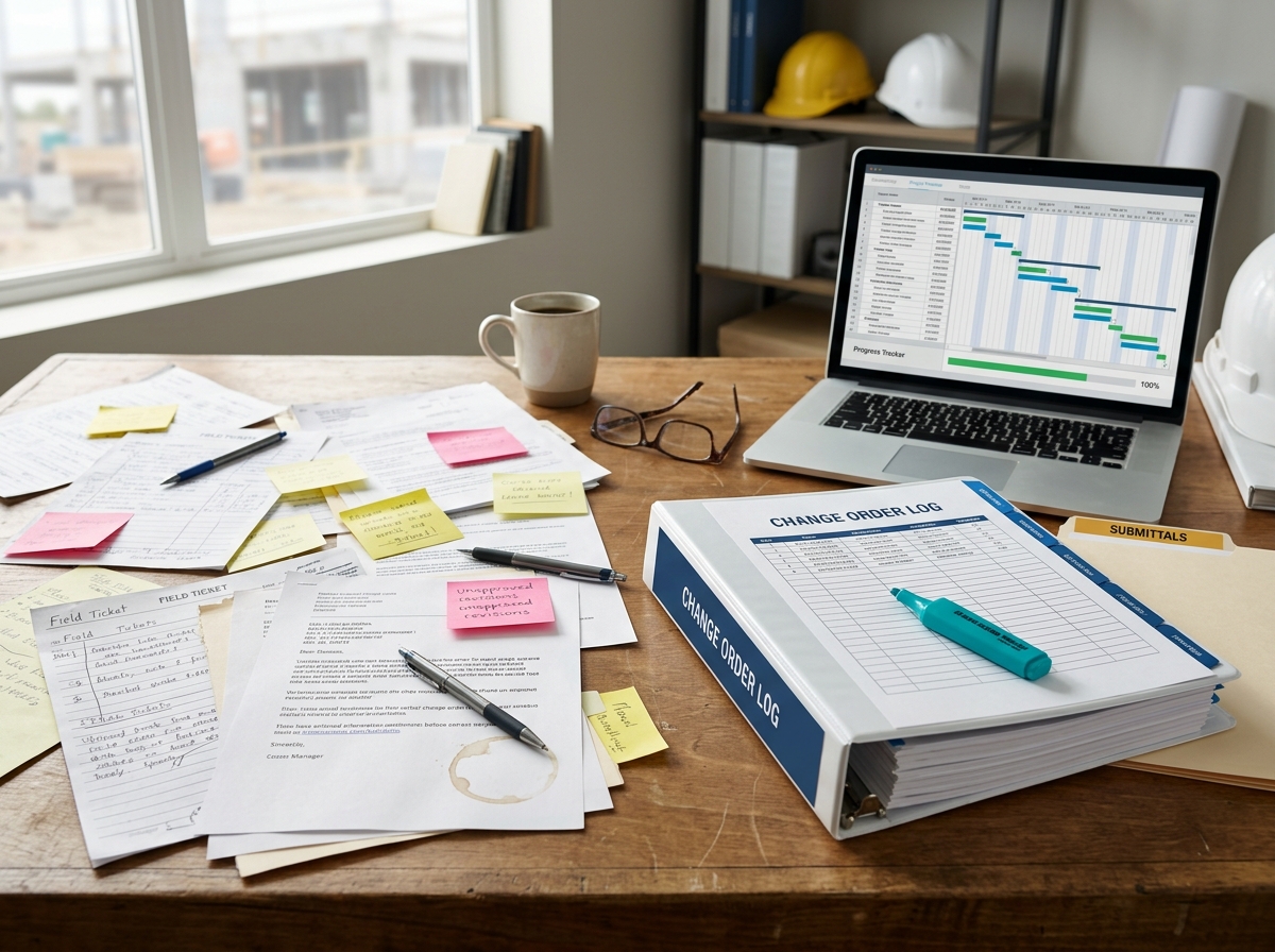 Scattered handwritten field tickets and emails on a desk beside a clean organized change order log and laptop timeline